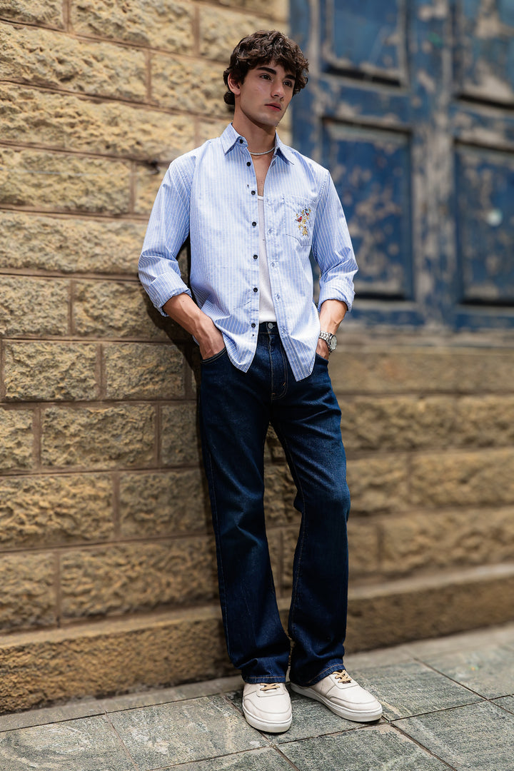 Stripes: Grace Pocket Embroidery Blue Shirt