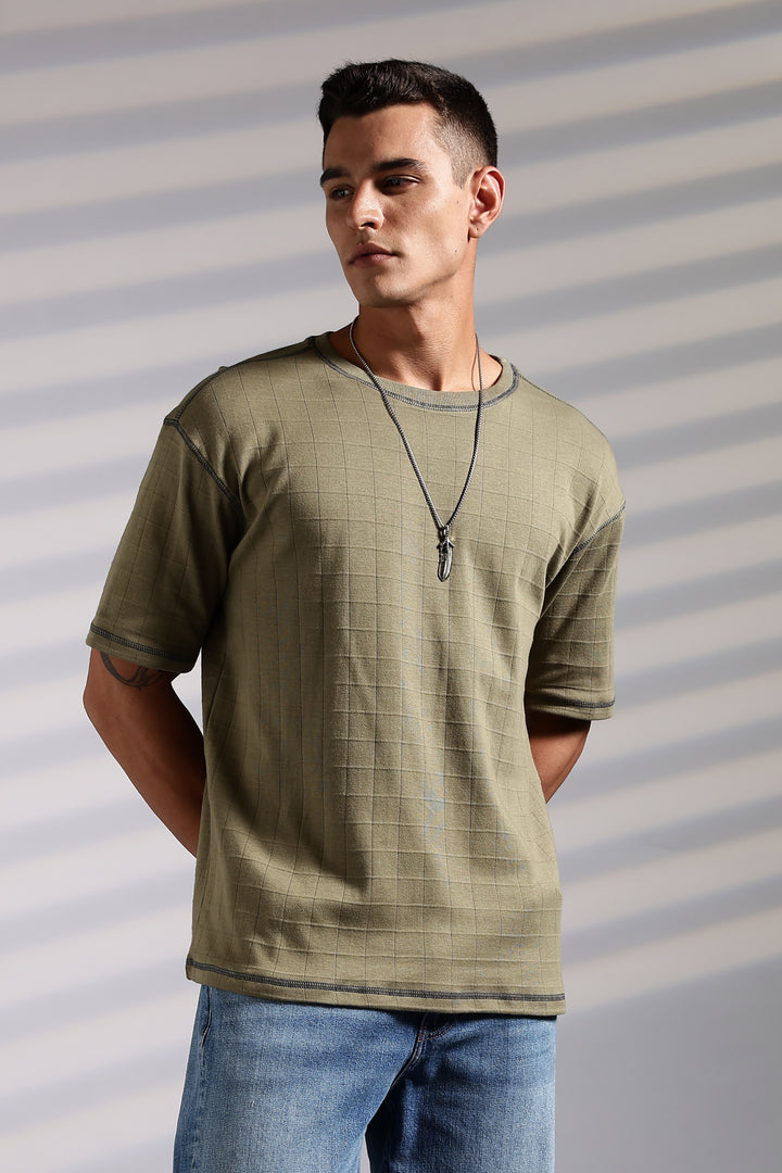 Textured Fabric Olive Oversized T- Shirt