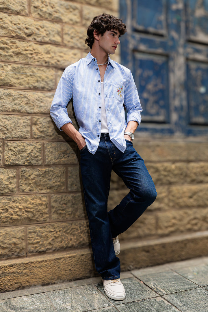 Stripes: Grace Pocket Embroidery Blue Shirt