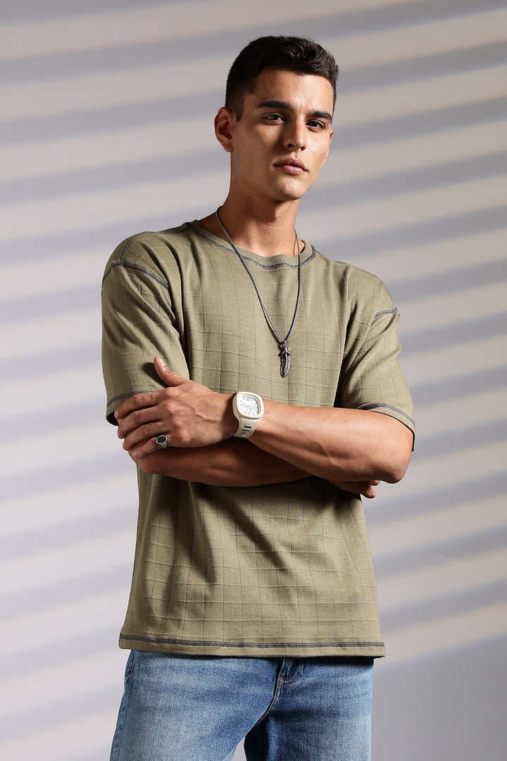 Textured Fabric Olive Oversized T- Shirt