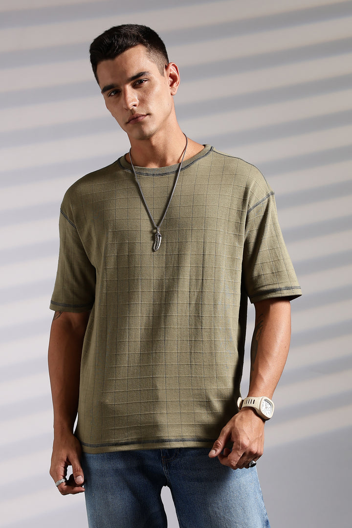 Textured Fabric Olive Oversized T- Shirt
