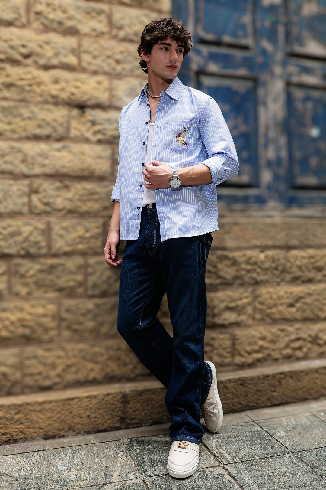 Stripes: Grace Pocket Embroidery Blue Shirt