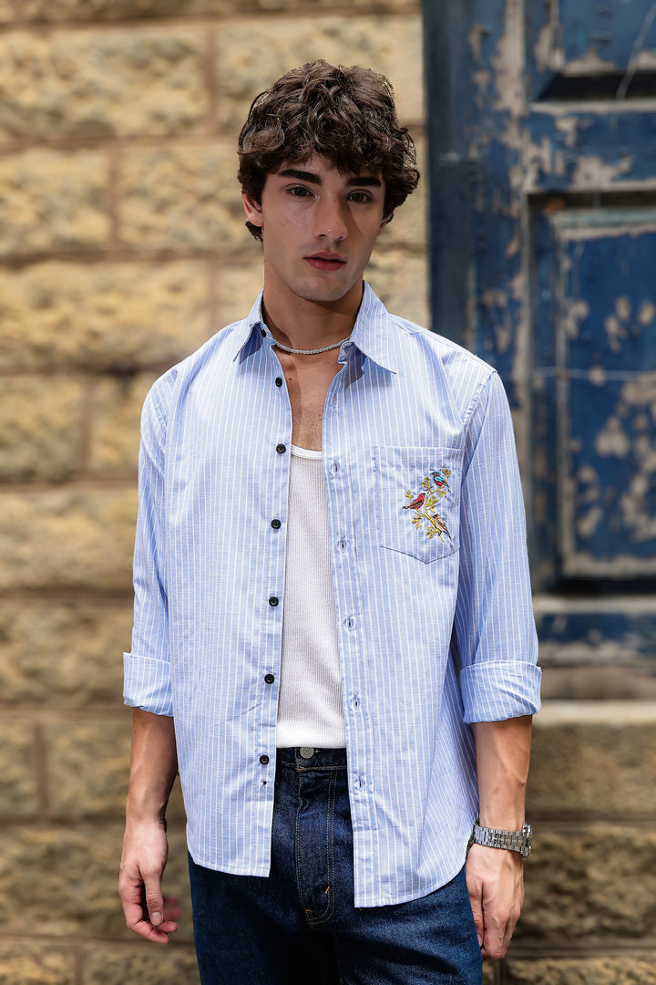 Stripes: Grace Pocket Embroidery Blue Shirt