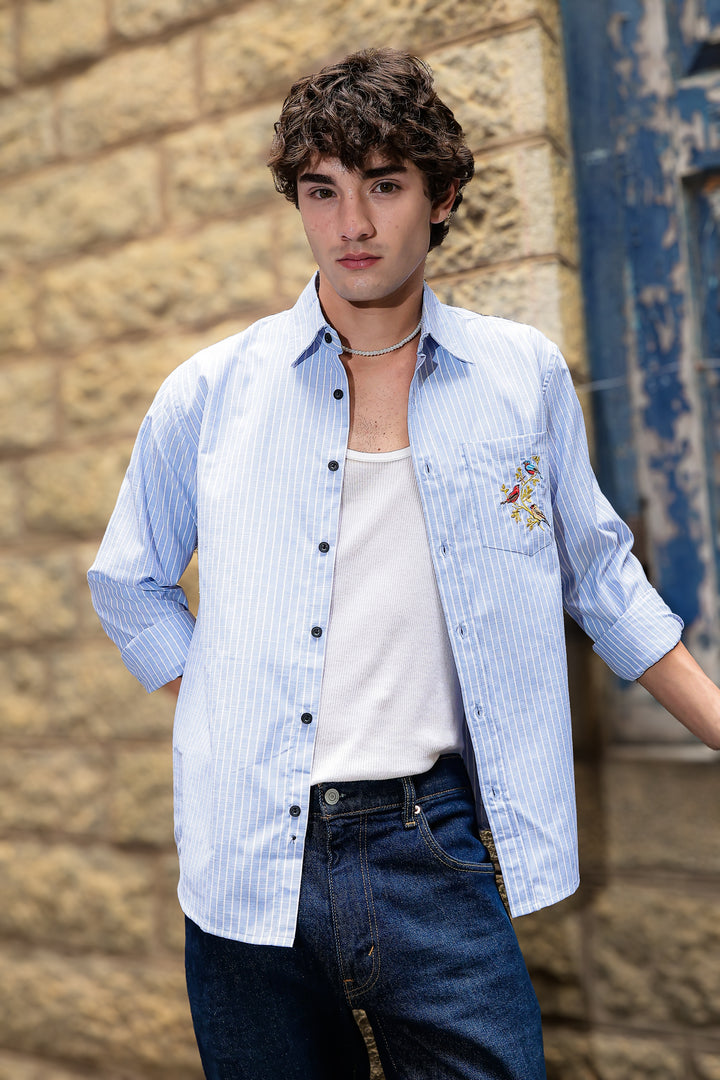 Stripes: Grace Pocket Embroidery Blue Shirt
