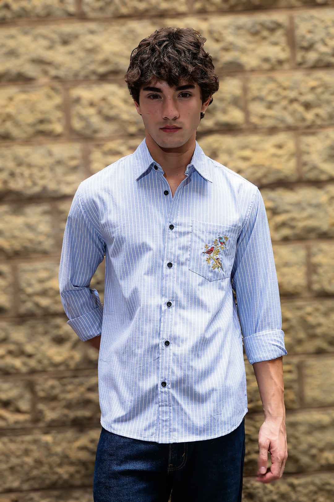 Stripes: Grace Pocket Embroidery Blue Shirt