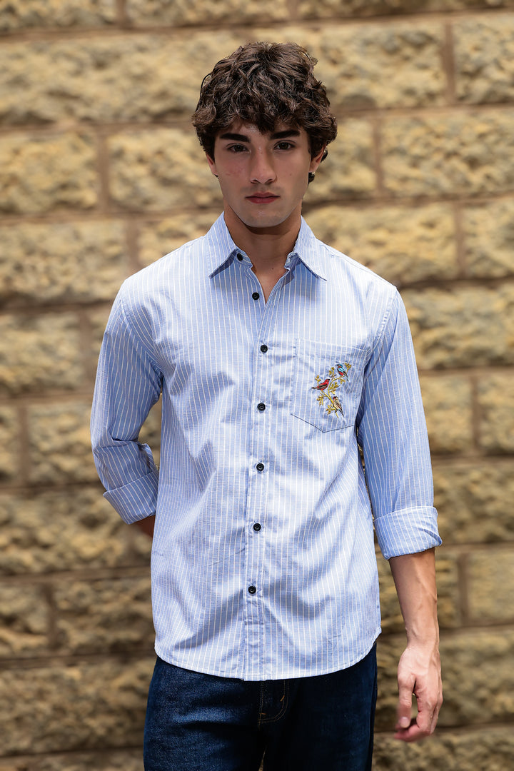 Stripes: Grace Pocket Embroidery Blue Shirt