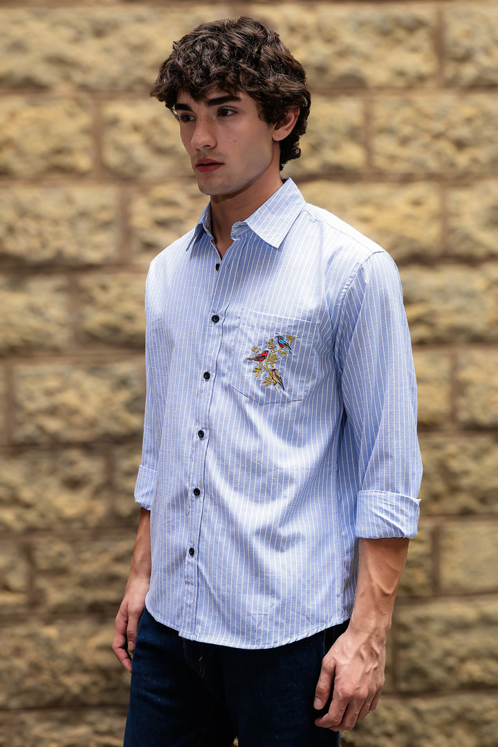 Stripes: Grace Pocket Embroidery Blue Shirt