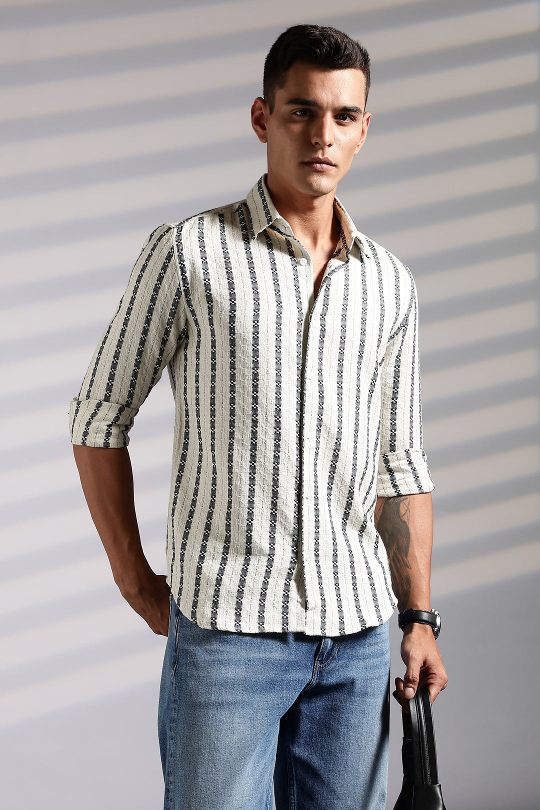 Stripes: Dark Green Jaquard Cotton shirt