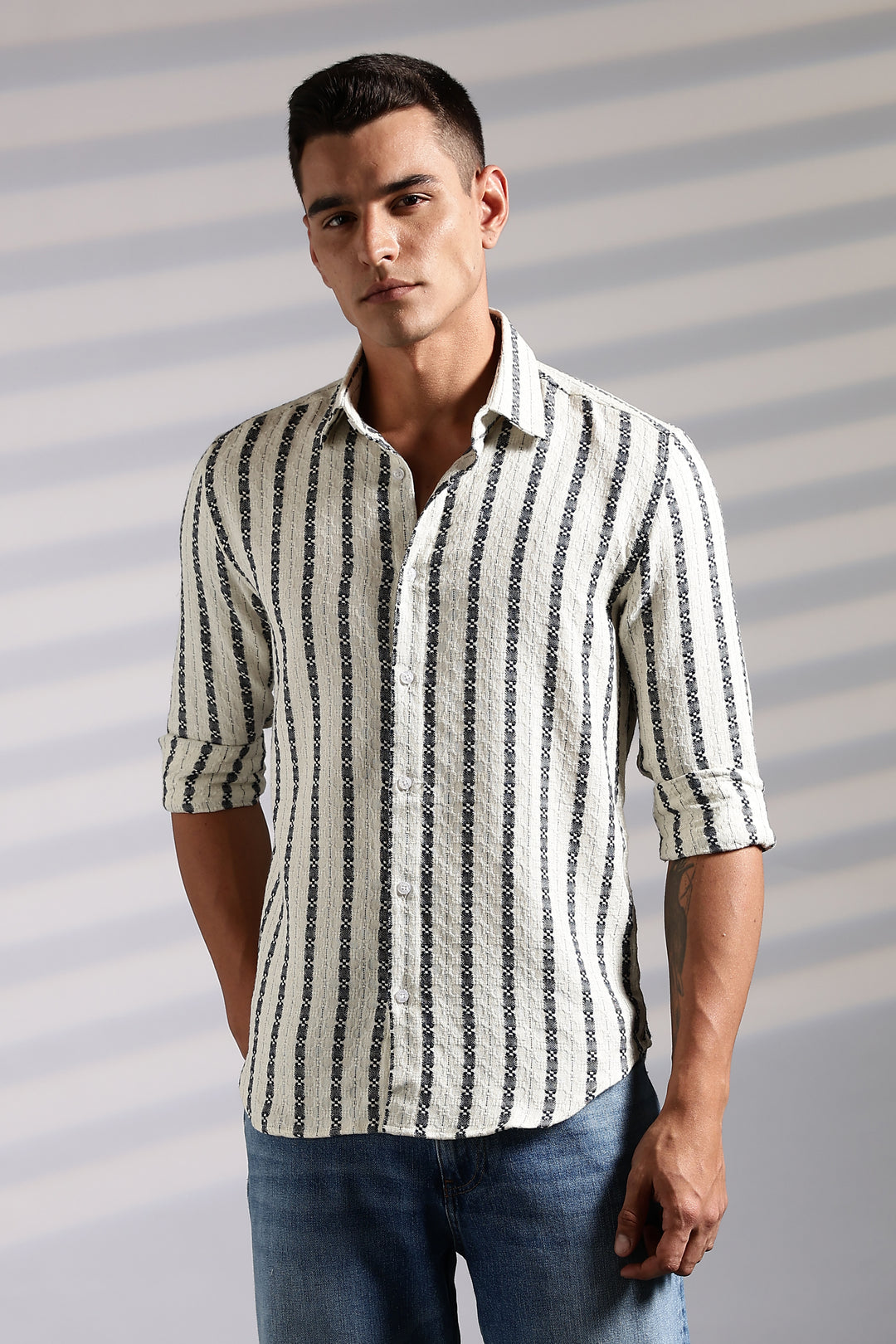 Stripes: Dark Green Jaquard Cotton shirt