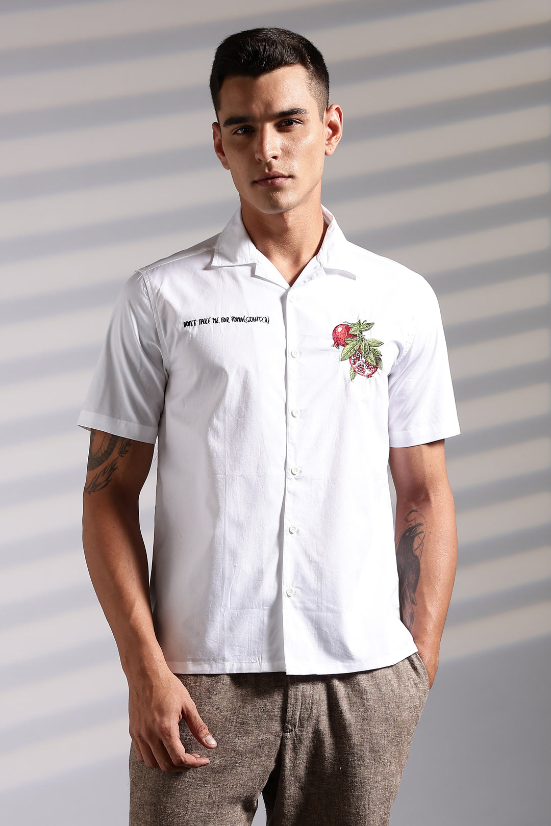 Pomegranate: White Embroidery Cuban Shirt