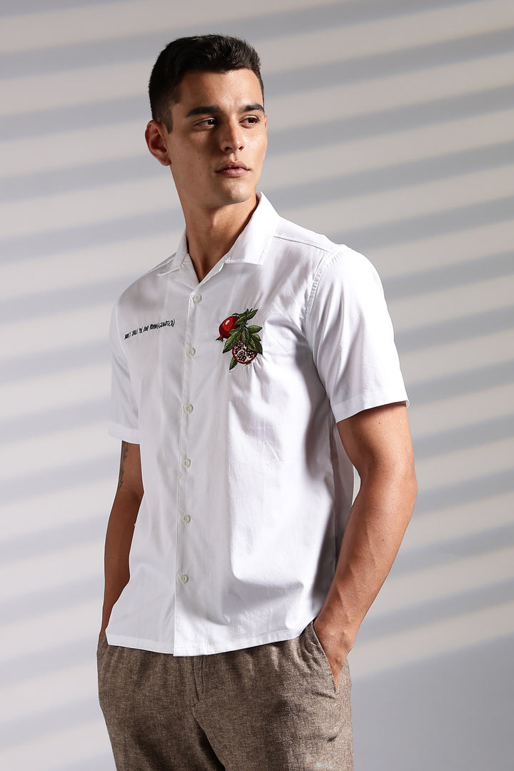 Pomegranate: White Embroidery Cuban Shirt