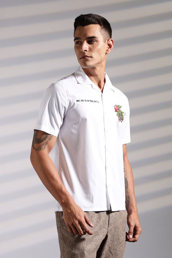 Pomegranate: White Embroidery Cuban Shirt