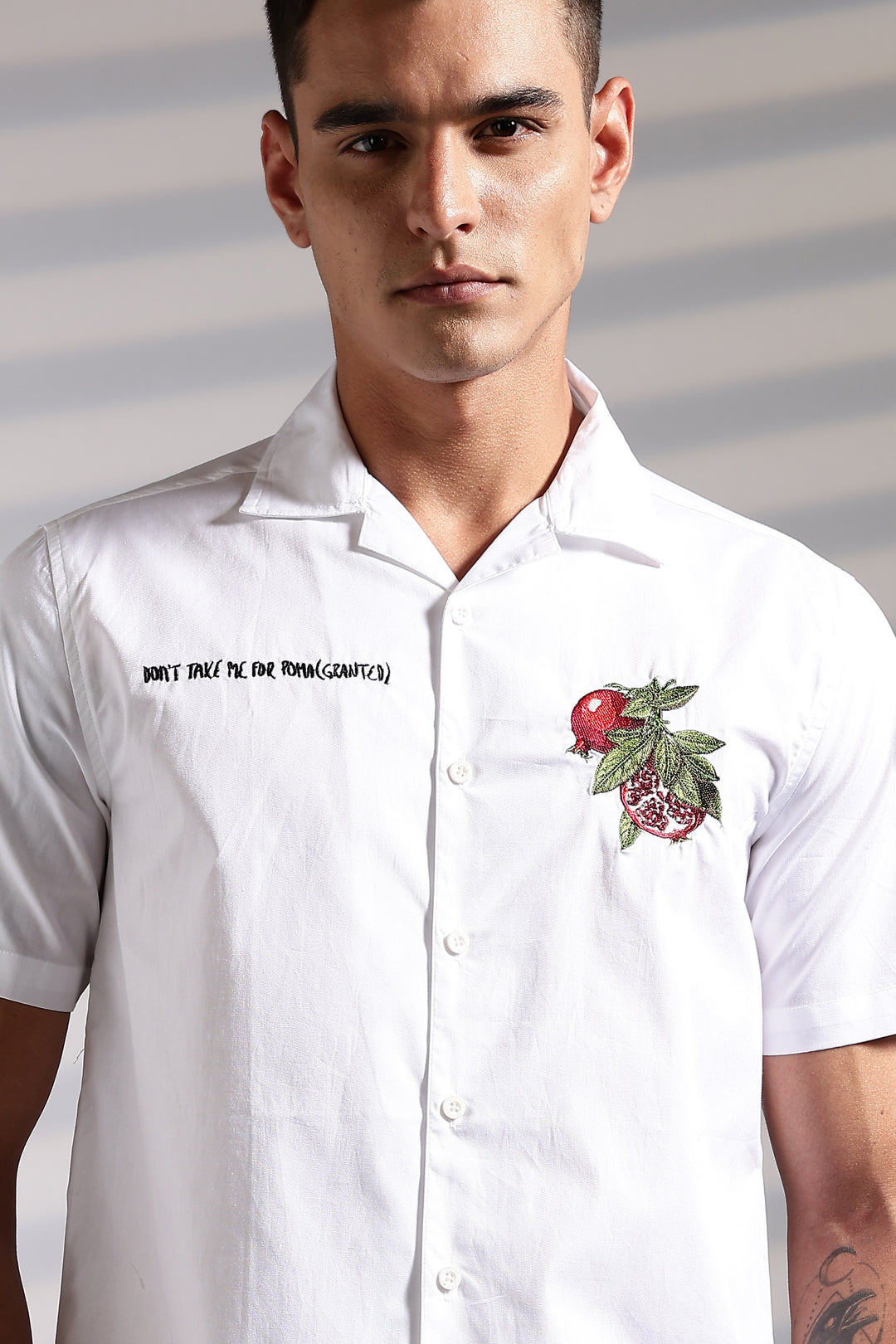 Pomegranate: White Embroidery Cuban Shirt