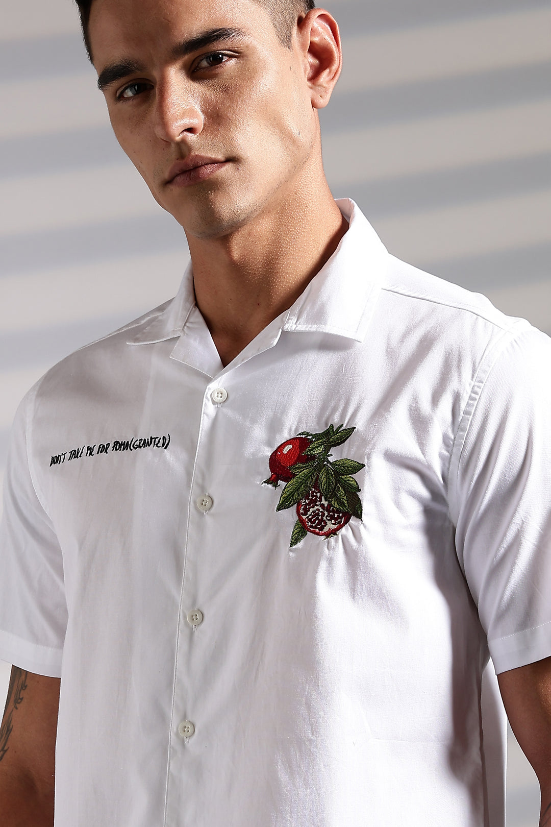 Pomegranate: White Embroidery Cuban Shirt