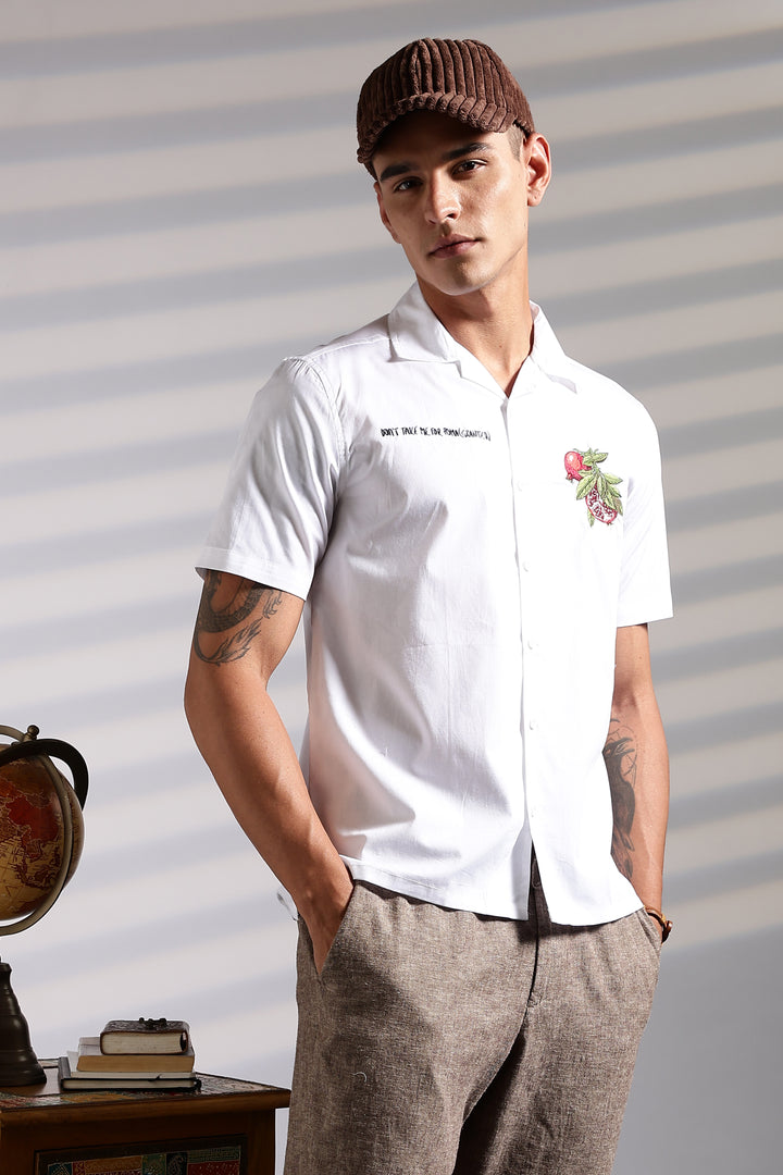Pomegranate: White Embroidery Cuban Shirt