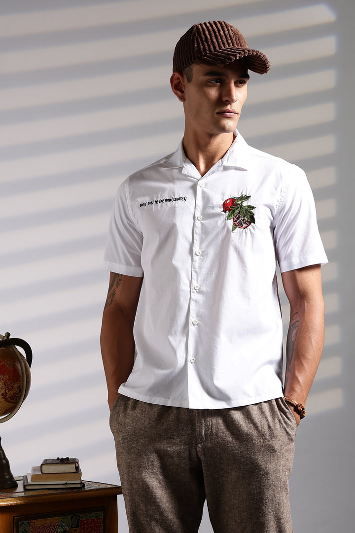 Pomegranate: White Embroidery Cuban Shirt