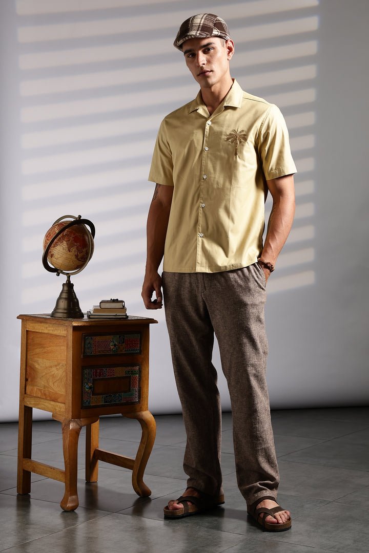 Plam tree: Embroidery Beige Cuban Shirt
