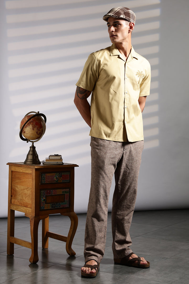 Plam tree: Embroidery Beige Cuban Shirt