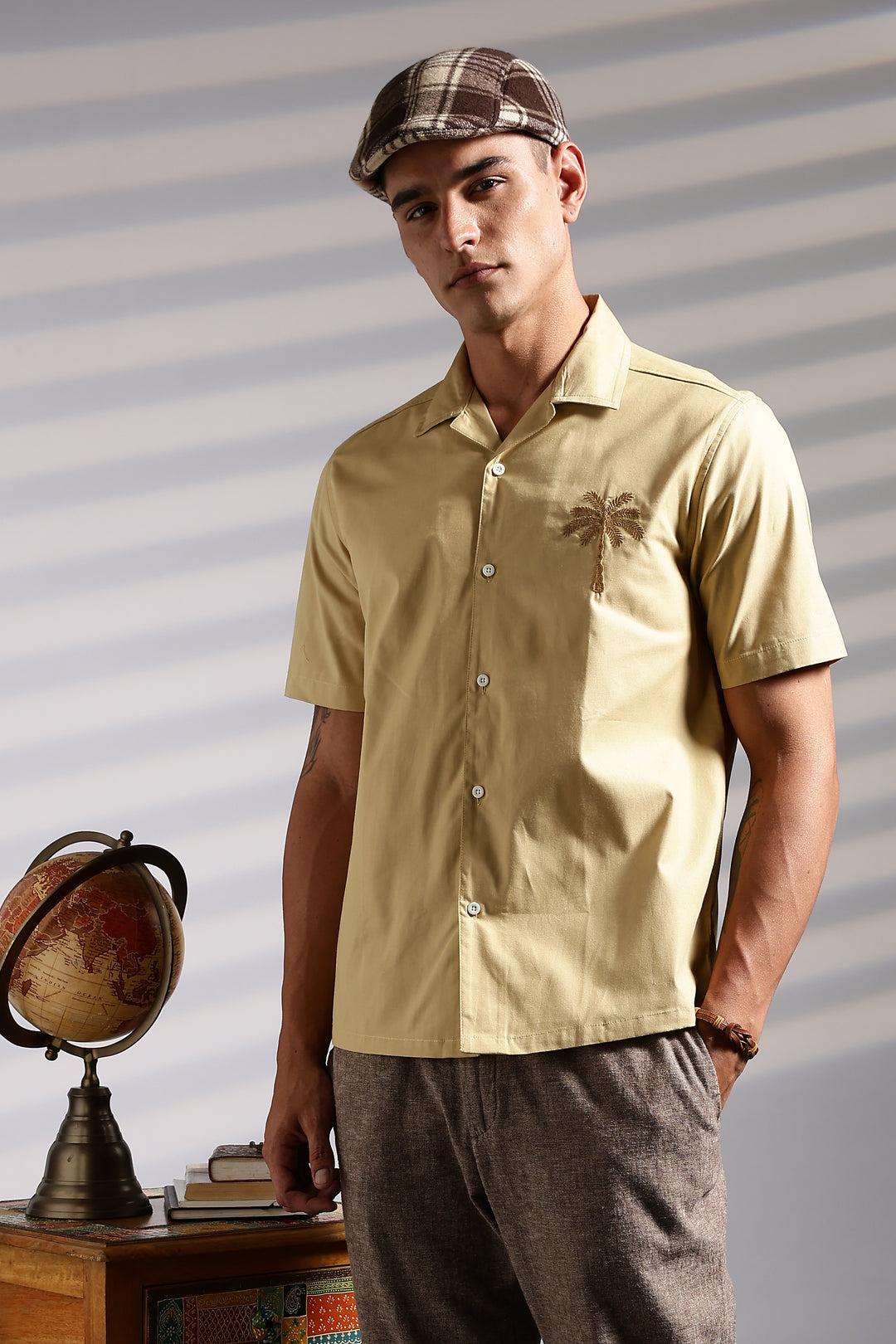 Plam tree: Embroidery Beige Cuban Shirt
