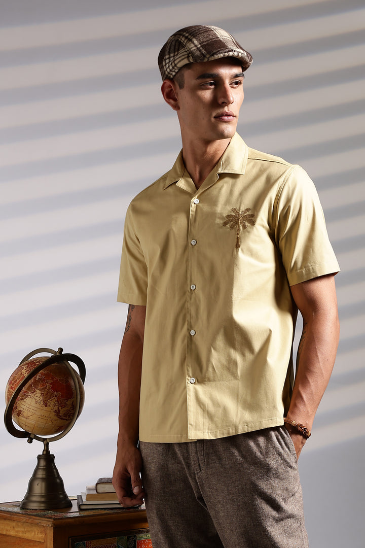 Plam tree: Embroidery Beige Cuban Shirt