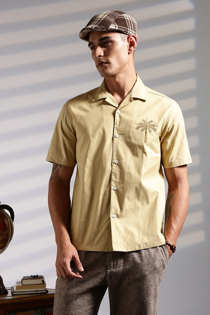 Plam tree: Embroidery Beige Cuban Shirt