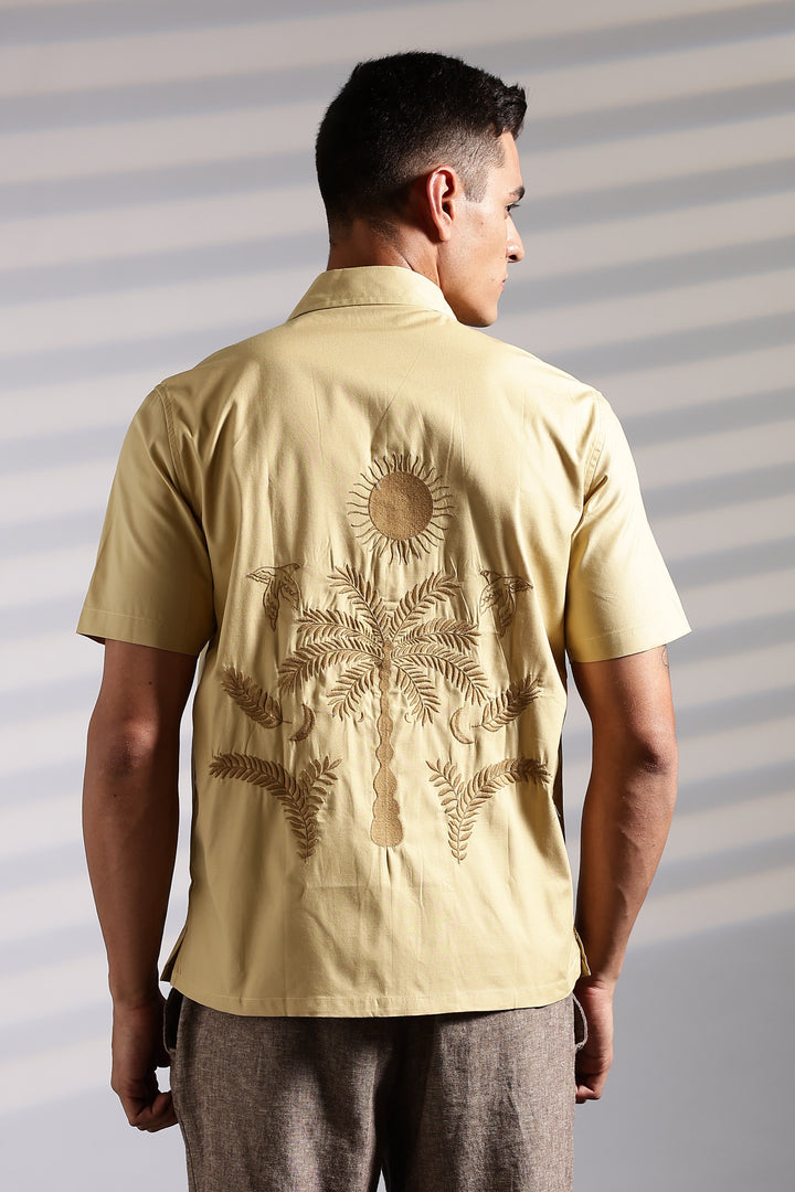 Plam tree: Embroidery Beige Cuban Shirt