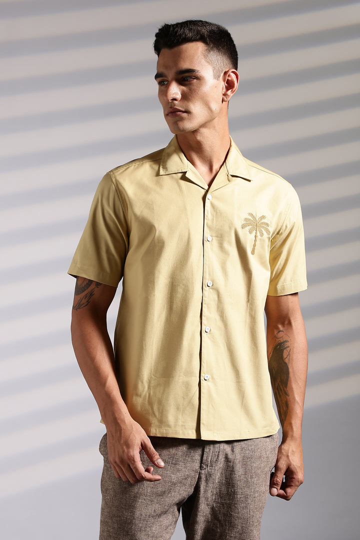 Plam tree: Embroidery Beige Cuban Shirt
