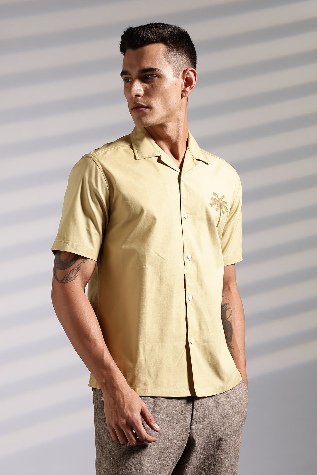 Plam tree: Embroidery Beige Cuban Shirt