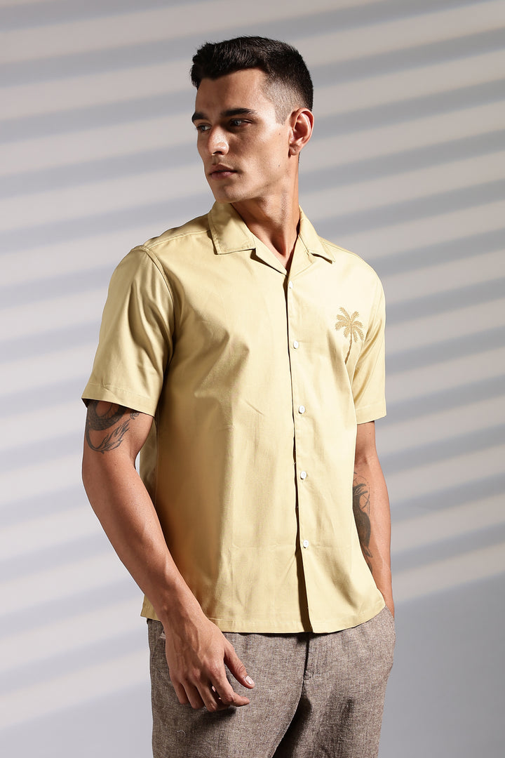 Plam tree: Embroidery Beige Cuban Shirt