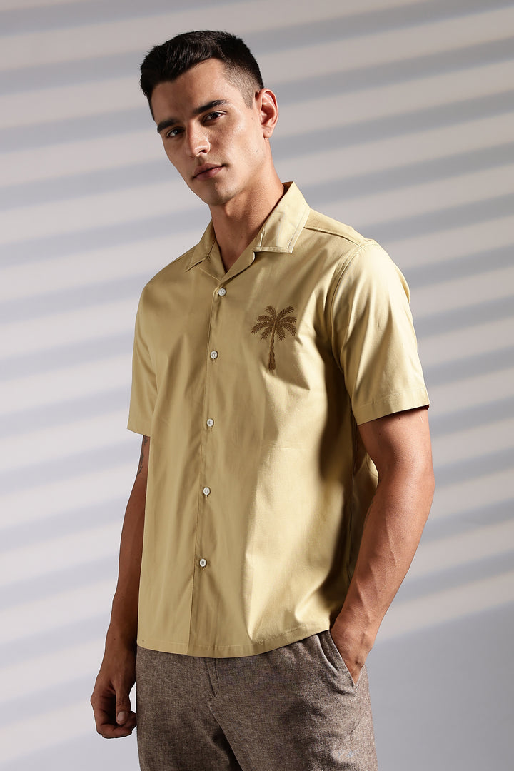 Plam tree: Embroidery Beige Cuban Shirt