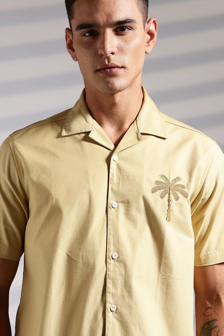 Plam tree: Embroidery Beige Cuban Shirt
