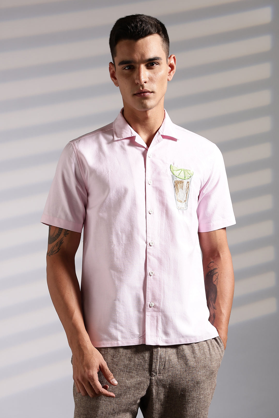 Lemon-Glass : Pink Embroidery Cuban Shirt