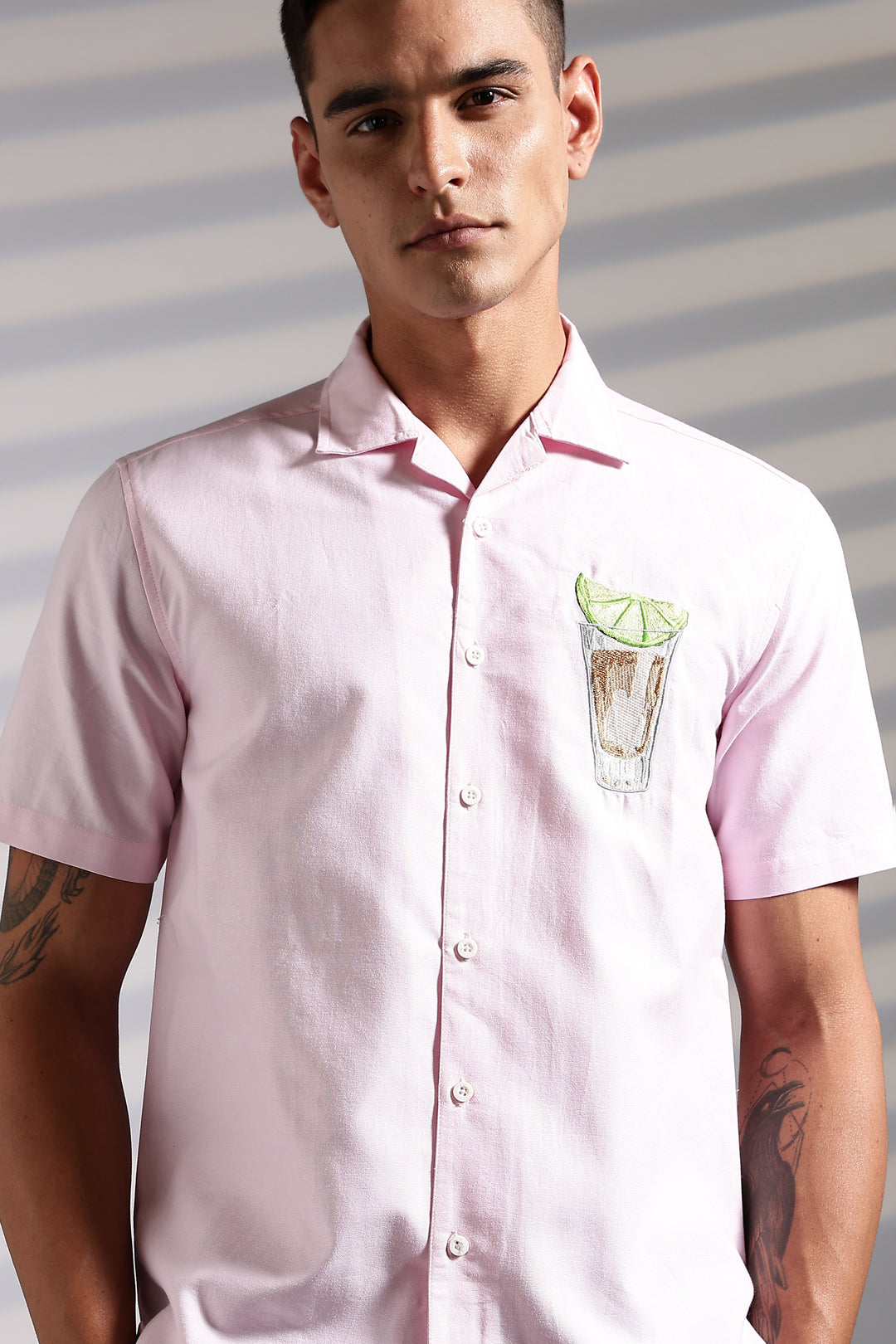 Lemon-Glass : Pink Embroidery Cuban Shirt
