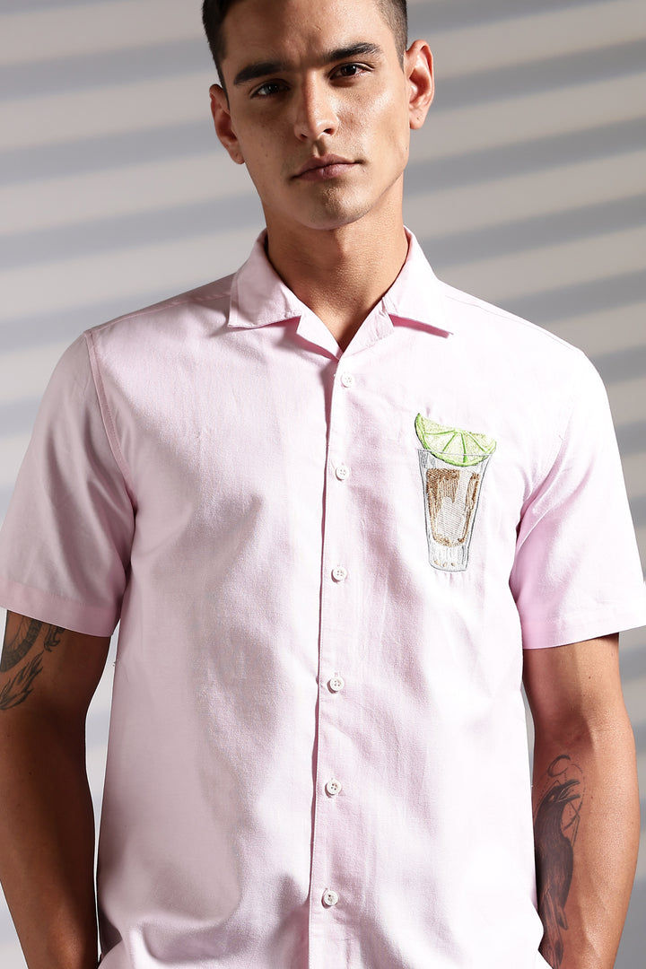 Lemon-Glass : Pink Embroidery Cuban Shirt