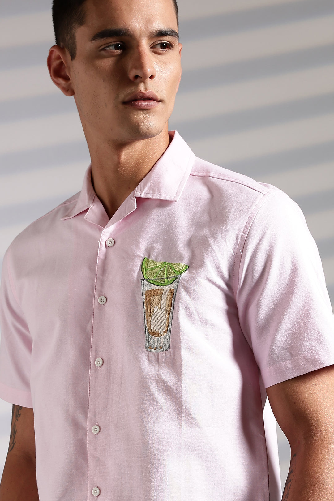 Lemon-Glass : Pink Embroidery Cuban Shirt