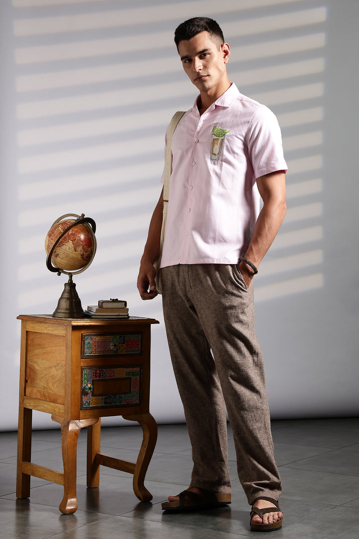 Lemon-Glass : Pink Embroidery Cuban Shirt