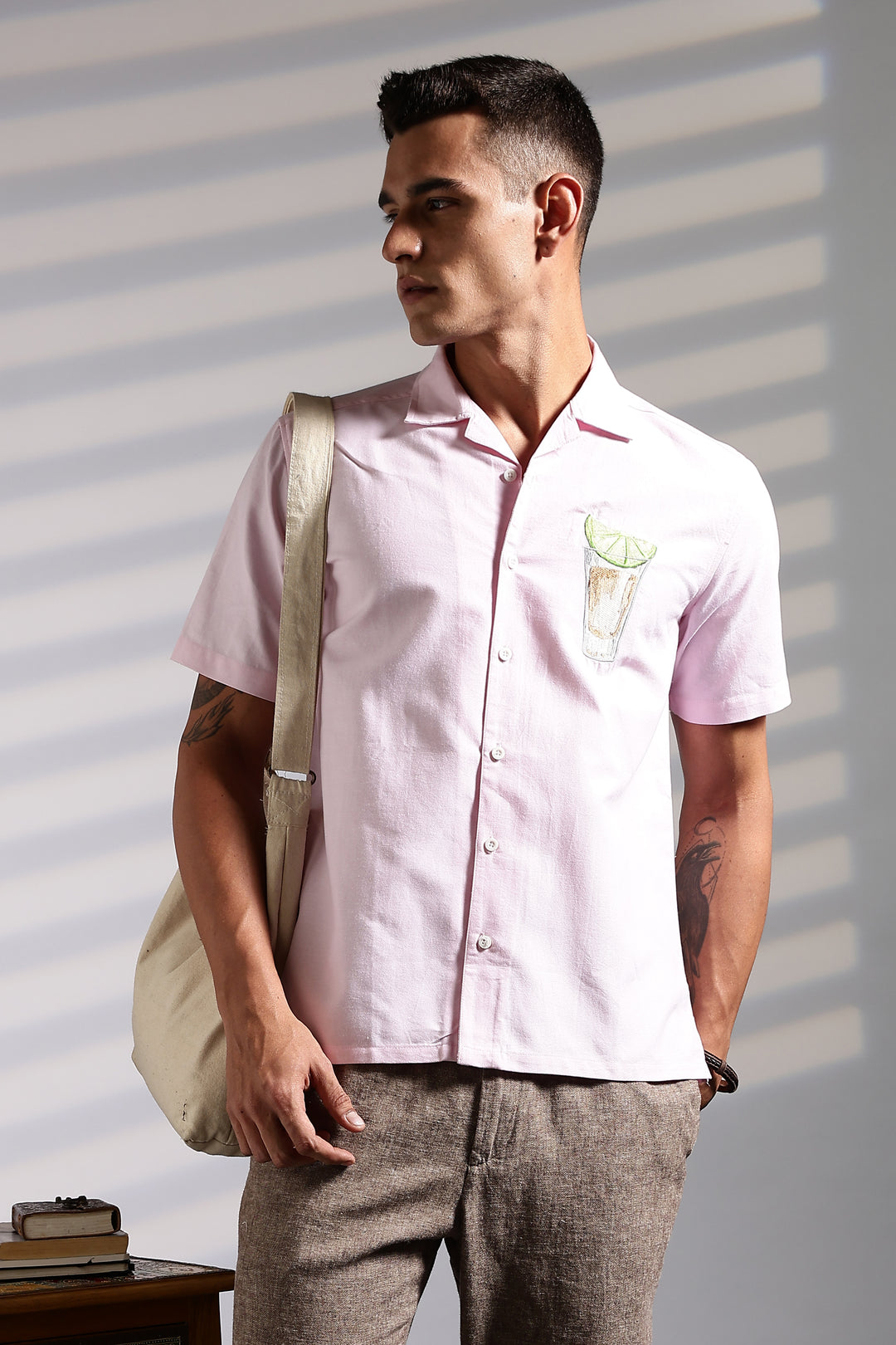 Lemon-Glass : Pink Embroidery Cuban Shirt