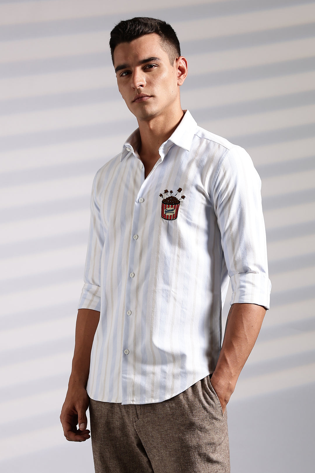 Popcorn: Stripes Embroidery Shirt