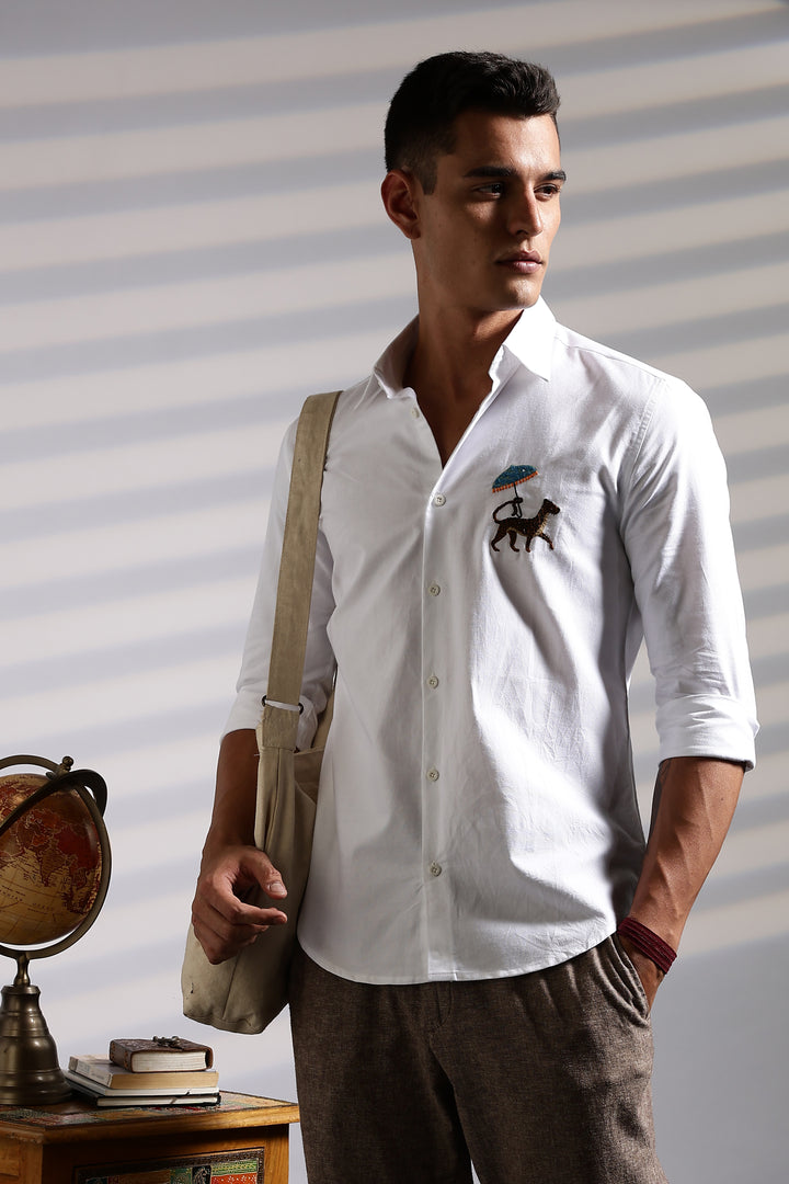 Leopard: White Embroidery Shirt