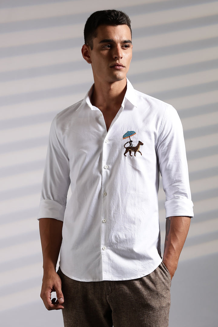 Leopard: White Embroidery Shirt