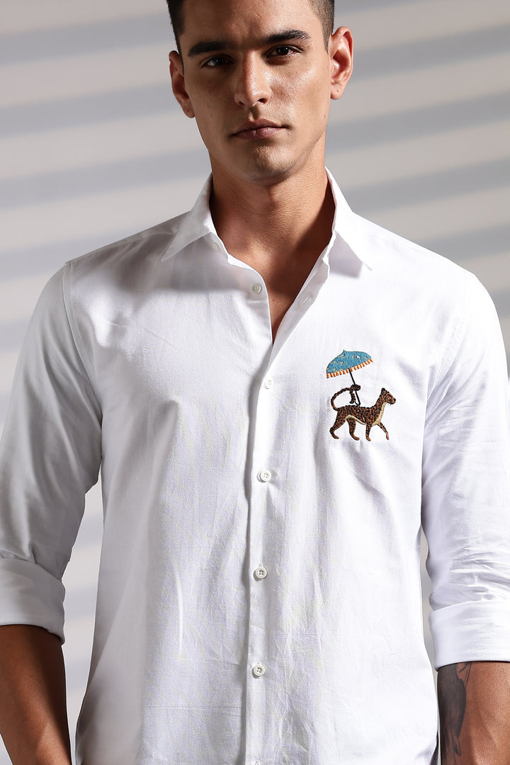 Leopard: White Embroidery Shirt