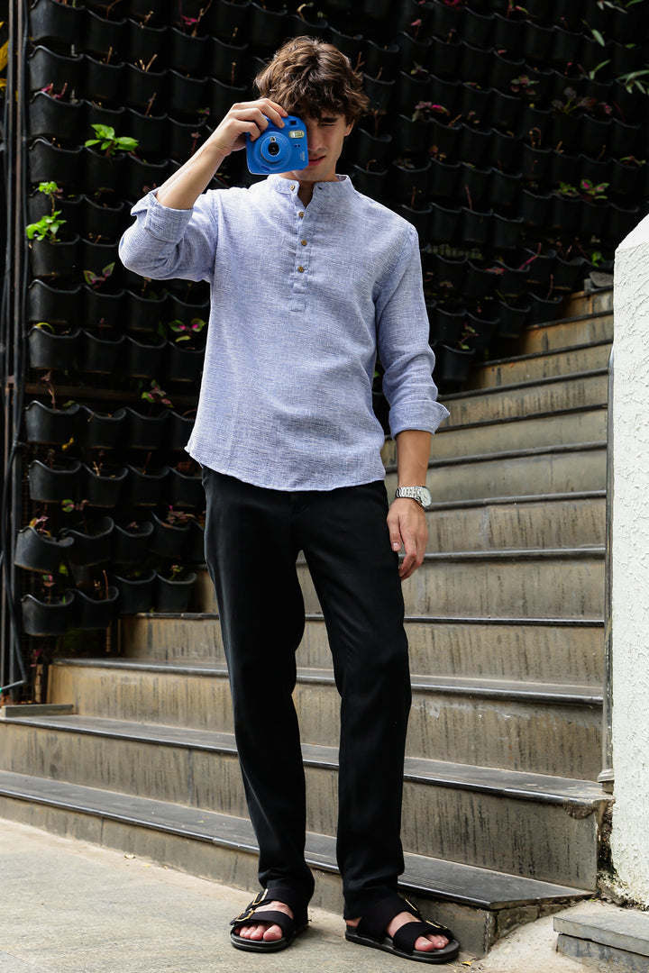 Linen : Light Blue  Mandarin Collar Shirt