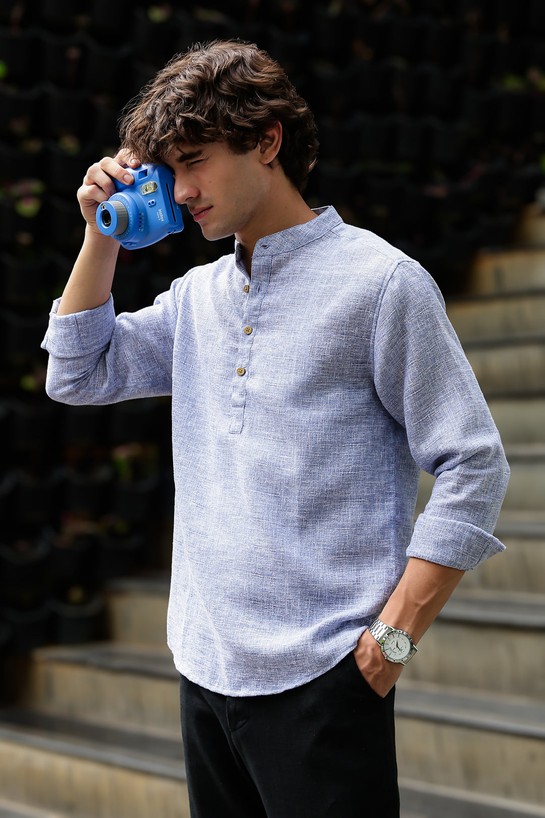 Linen : Light Blue  Mandarin Collar Shirt
