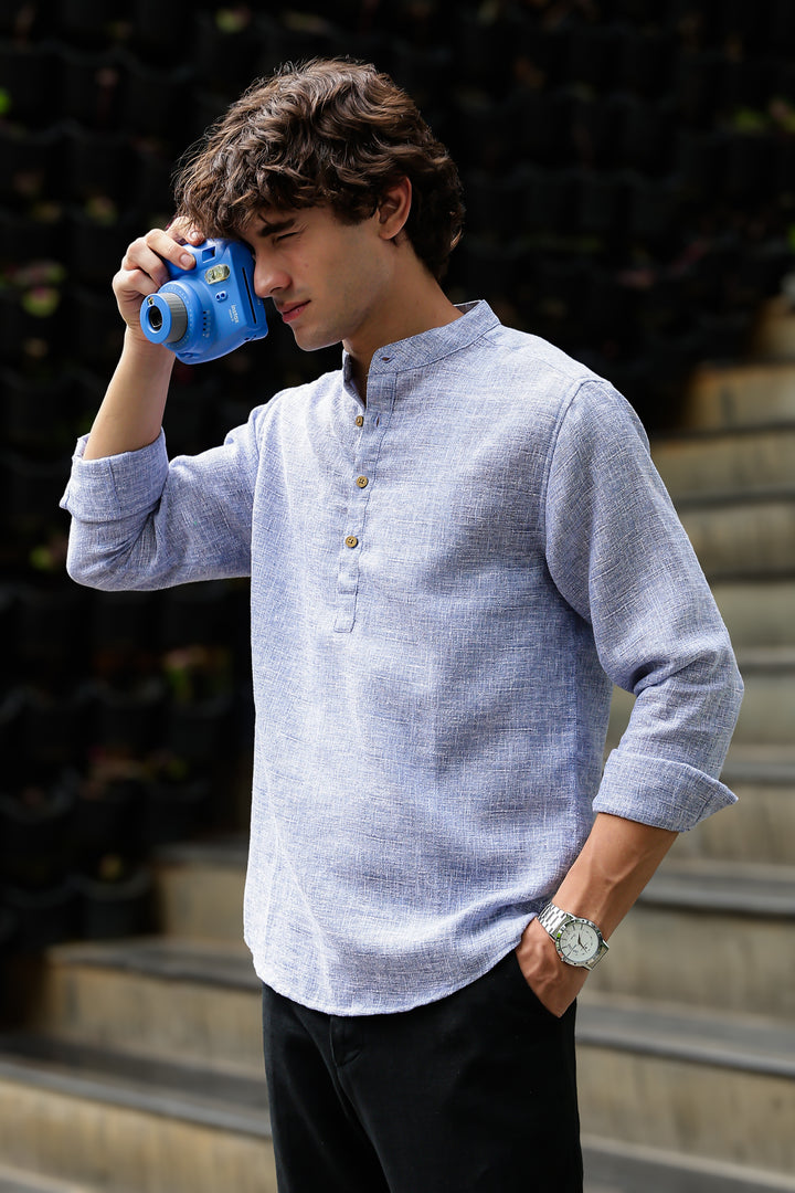 Linen : Light Blue  Mandarin Collar Shirt