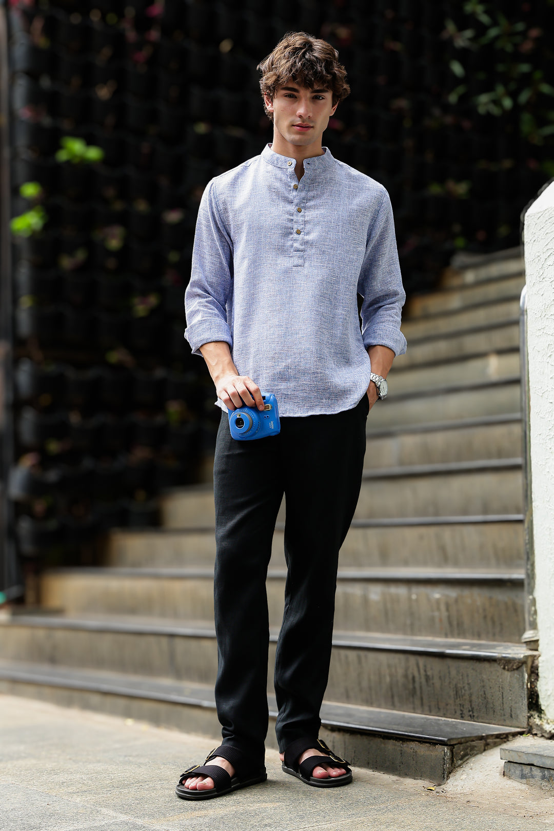 Linen : Light Blue  Mandarin Collar Shirt