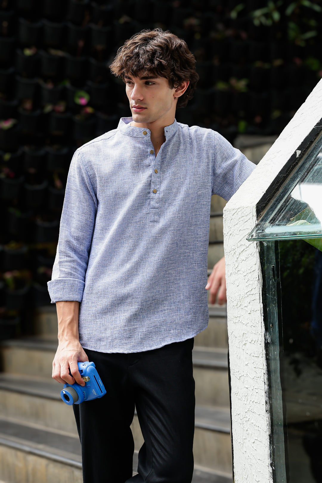 Linen : Light Blue  Mandarin Collar Shirt