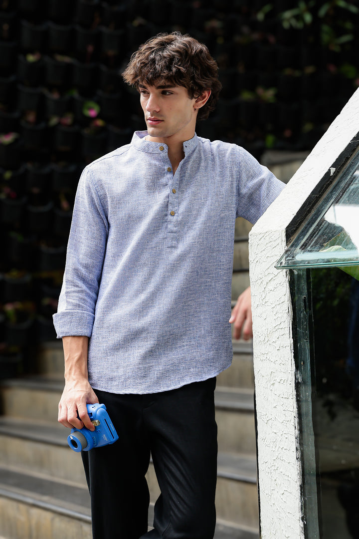 Linen : Light Blue  Mandarin Collar Shirt