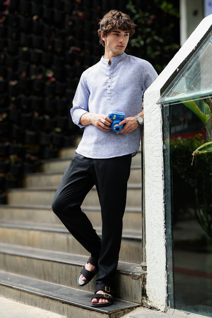 Linen : Light Blue  Mandarin Collar Shirt