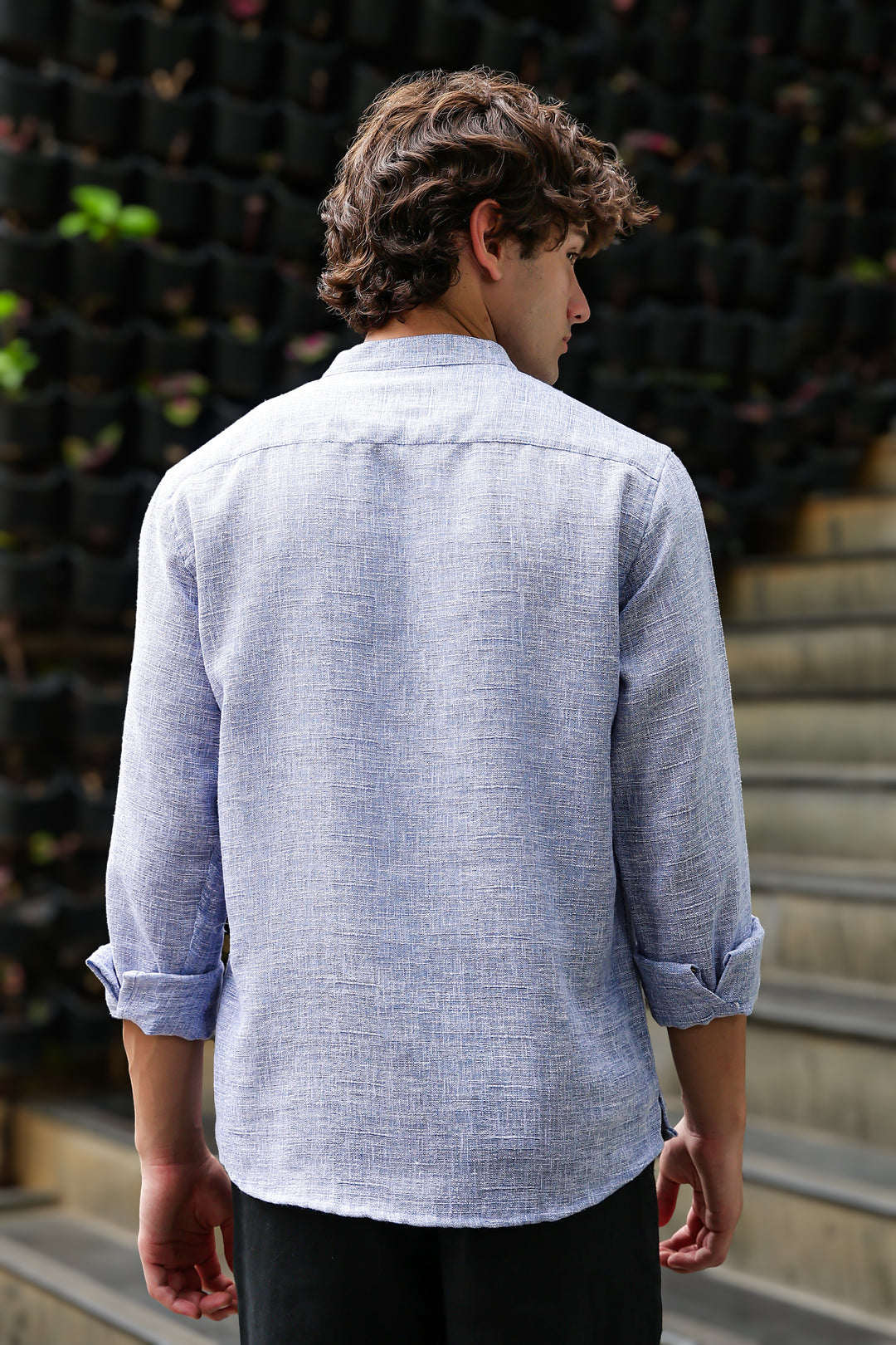 Linen : Light Blue  Mandarin Collar Shirt