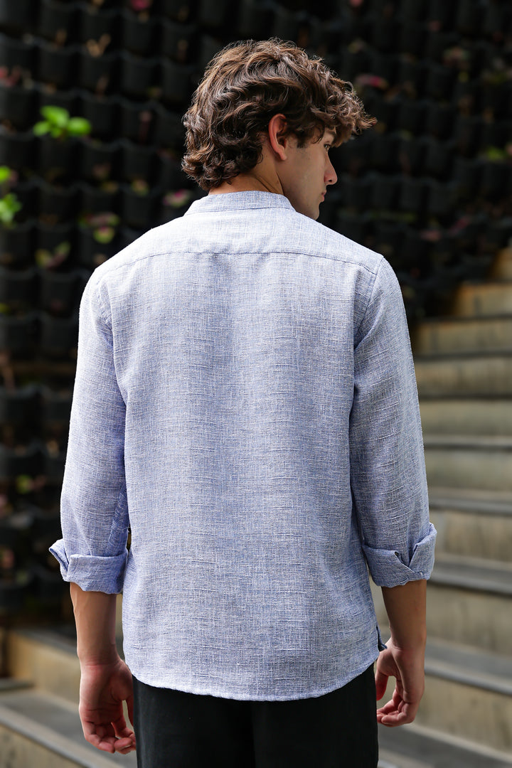 Linen : Light Blue  Mandarin Collar Shirt